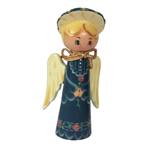 Wood Angel Vintage Hand Painted Folk Art Artist Signed Dated Figurine Set of 3 - Picture 5 of 9